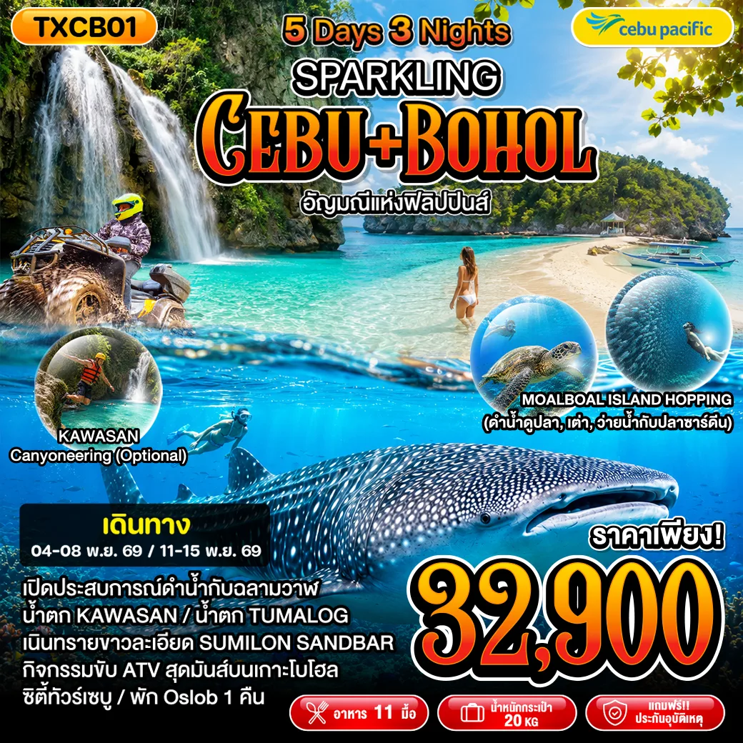 ทัวร์ฟิลิปปินส์ เปิดประสบการณ์ดำน้ำกับฉลามวาฬ น้ำตก KAWASAN น้ำตก TUMALOG เนินทรายขาวละเอียด SUMILON SANDBAR กิจกรรมขับ ATV สุดมันส์บนเกาะโบโฮล 5 วัน 3 คืน (พัก Oslob 1 คืน)